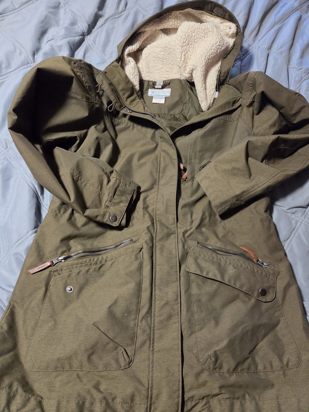 Columbia Olive Green Hooded Trench Coat with Cream Sherpa Lining